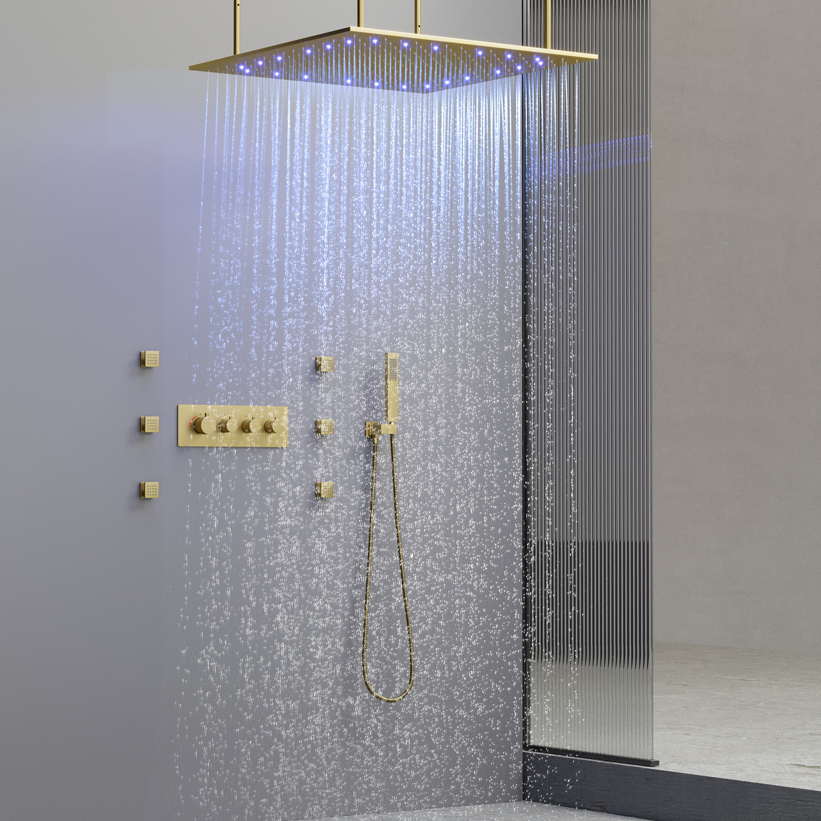 Juego de ducha LED de techo para baño, cabezal de ducha con 3 ajustes, grifo de ducha tipo lluvia termostático