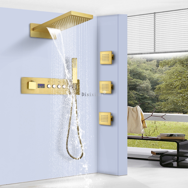 Cuerpo de válvula con pantalla Digital LED, baño montado en la pared, cabezal de ducha de 20 pulgadas, juego de grifos de ducha de cascada y lluvia