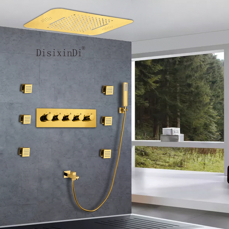 Grifo de ducha termostático LED de cascada de lluvia para baño Ti Gold con cabezal de ducha con función musical y chorro de cuerpo de ducha