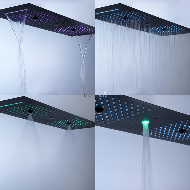 Negro mate 900*300 cabezal de ducha LED con altavoz musical doble techo de la ducha empotrado baño juego de grifería de ducha termostática