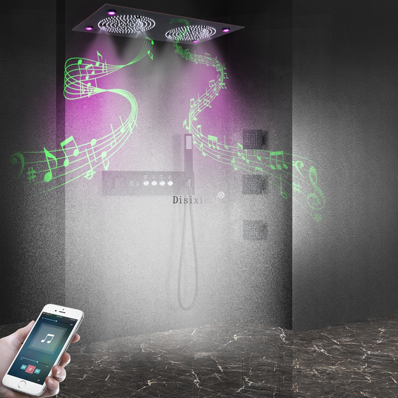 Cabezal de ducha LED Con sonido musical 4 funciones Pantalla digital Válvula mezcladora de ducha termostática Juego de ducha doble