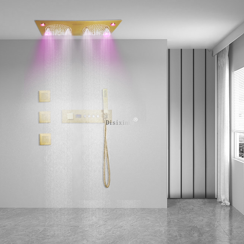 Cabezal de ducha musical LED de techo de 620x320mm, pantalla Digital LED, juego de grifo de ducha dorado termostático constante para baño