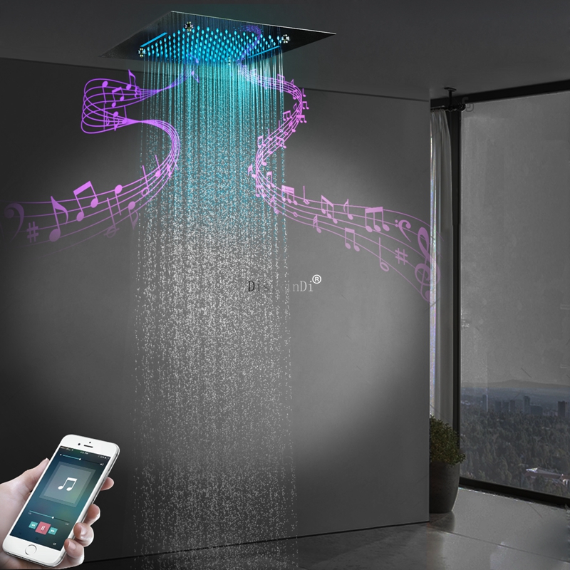 Cabezal de ducha LED cromado pulido con altavoz musical, lluvia brumosa y ducha en cascada, cabezal de ducha empotrado en techo de 20 pulgadas