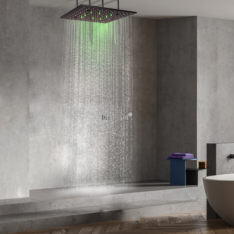 Cabezal de ducha LED de acero inoxidable 304 de 16 pulgadas, color negro mate, cabezal de ducha que cambia de Color con niebla de lluvia para baño