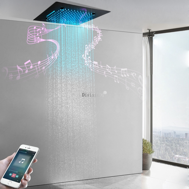 Cabezal de ducha LED para baño, 3 funciones, 500x500mm, negro mate, con altavoz musical, sistema de ducha en cascada