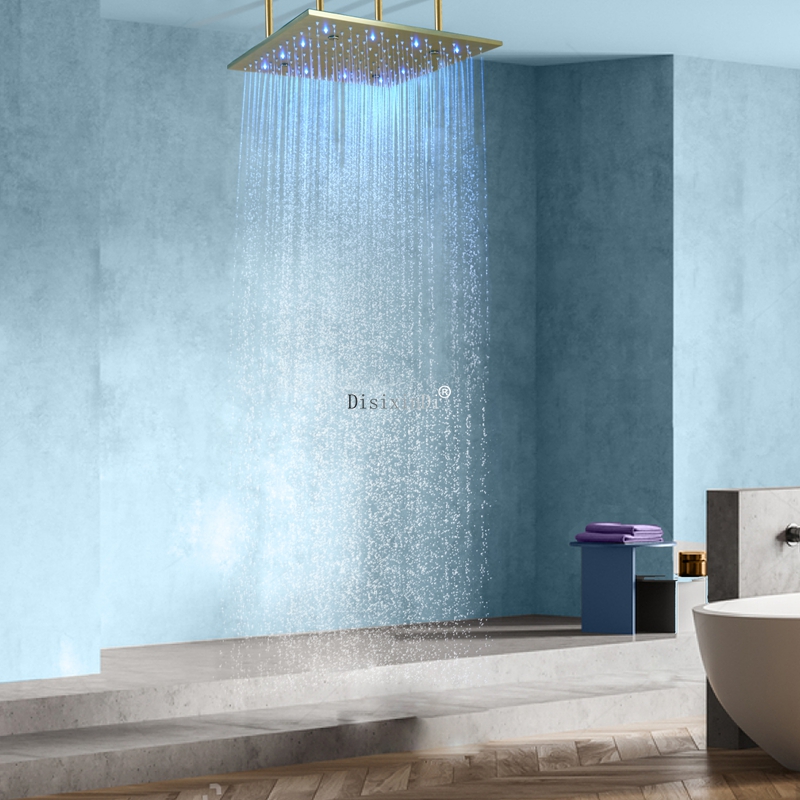 Oro pulido 400x400mm techo niebla lluvia cabezal de ducha LED 304 SUS dos funciones grifo de ducha empotrado para baño