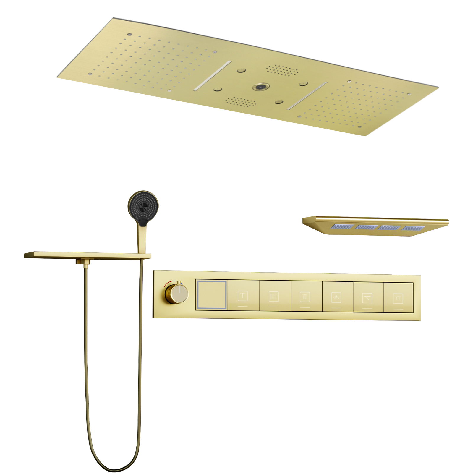 Oro pulido baño temperatura constante ducha de alto flujo luz Led cabezal de ducha con altavoz cascada sistema de selva tropical