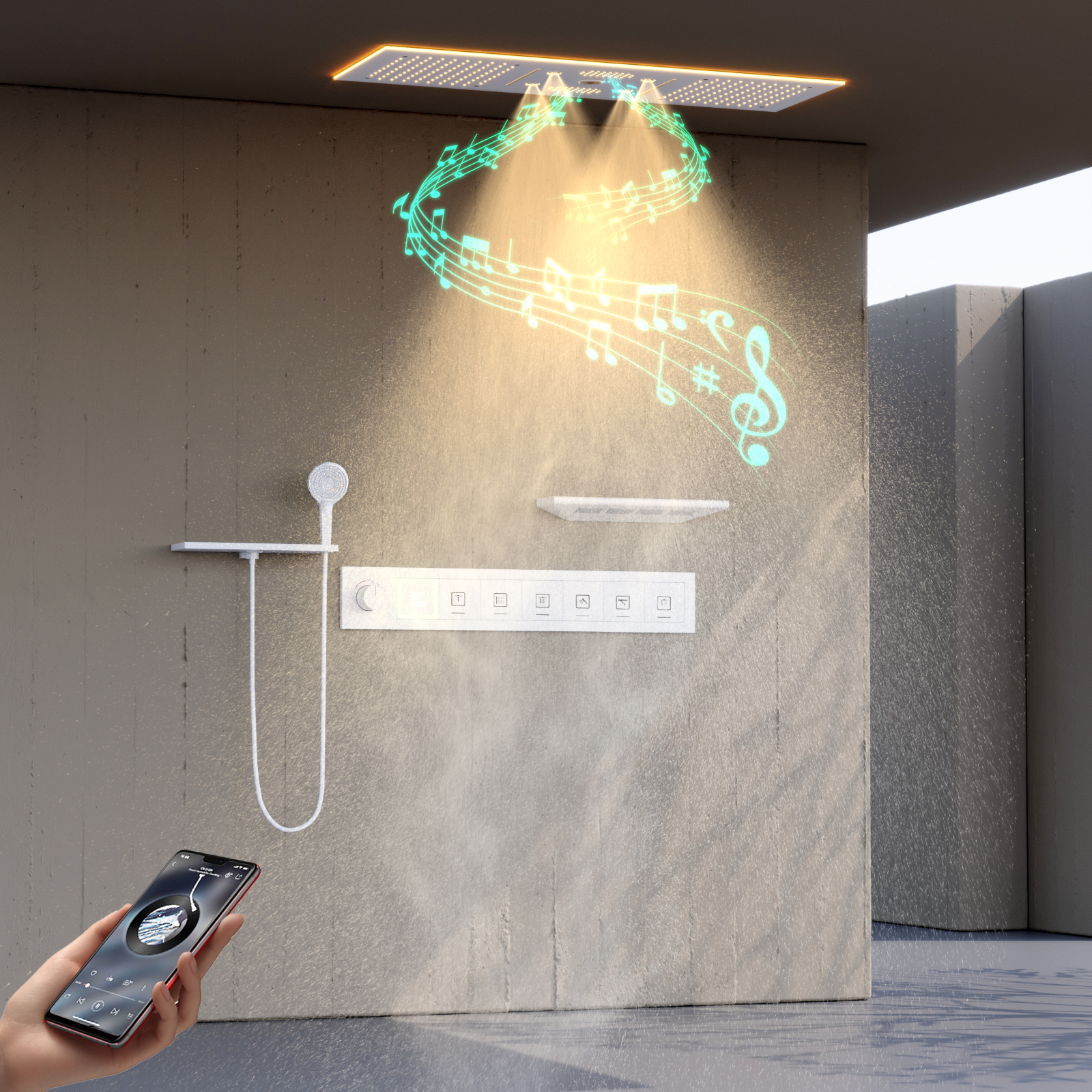 cabezal de ducha con luz led y altavoz