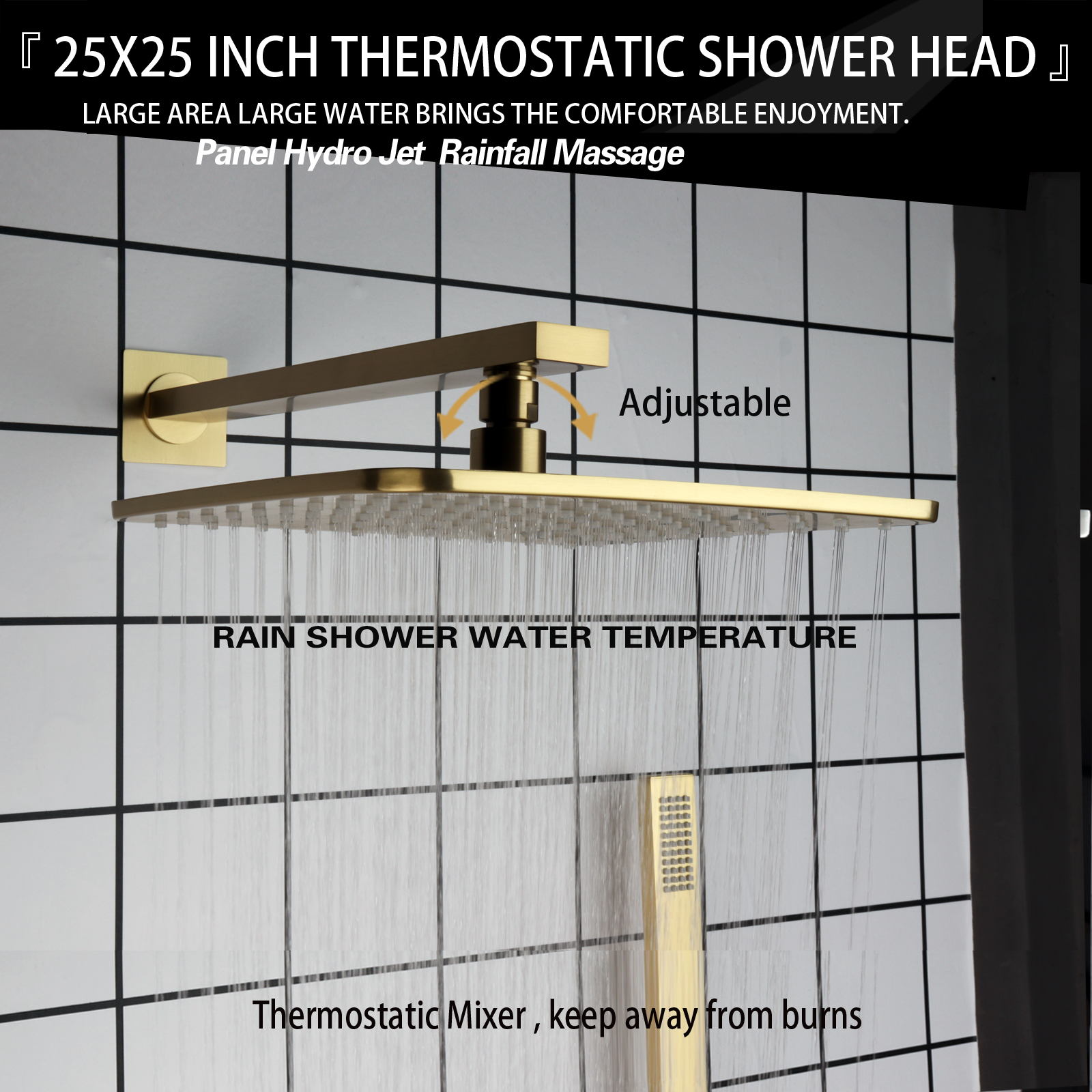 Juego de ducha termostática de Oro pulido, grifos para baño, botón de presión, lluvia superior con brazo de ducha de mano