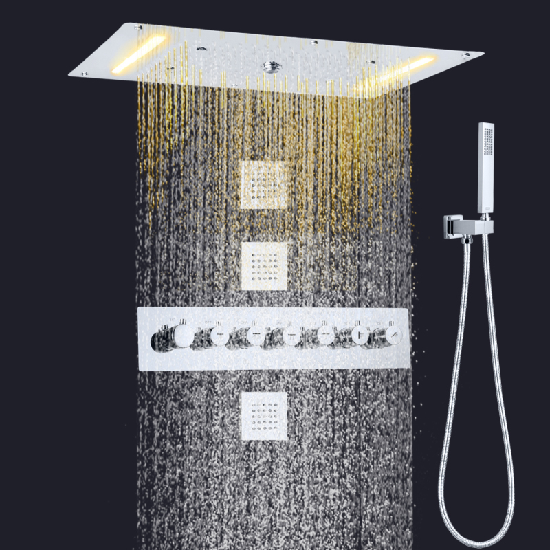 Cromo pulido termostático LED ducha de baño 700X380 MM baño cascada niebla burbuja Rainfa juego de ducha de baño