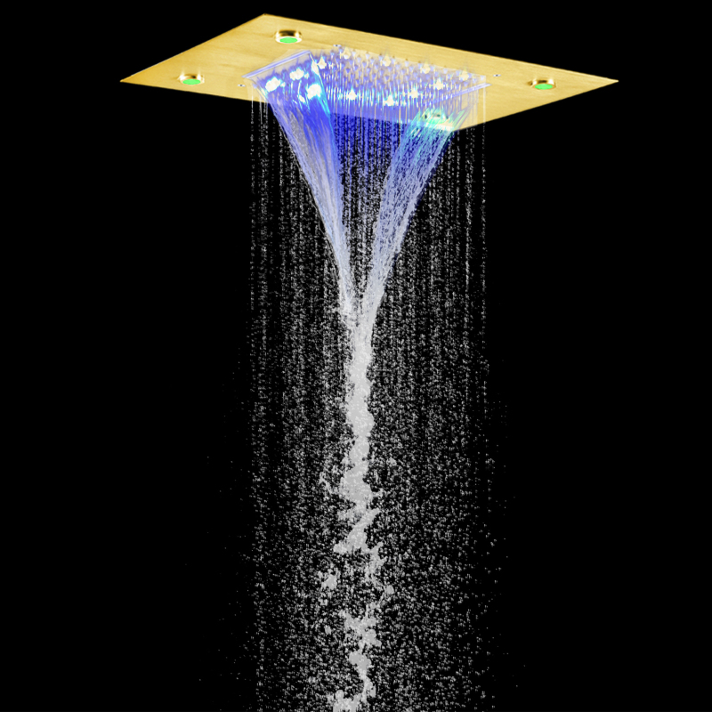 Mezclador de ducha de Oro pulido de lujo, LED de 50x36 CM, cambio de temperatura de 3 colores, lluvia de cascada bifuncional para baño