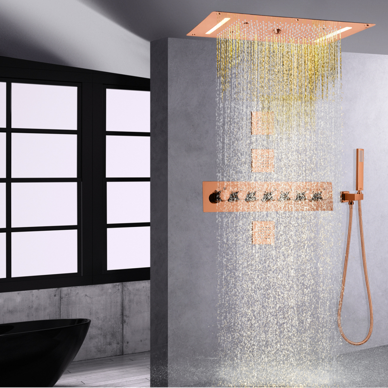 Sistema de ducha LED termostático de oro rosa, montaje en pared para baño, techo, niebla, lluvia, cascada, conjunto combinado de ducha