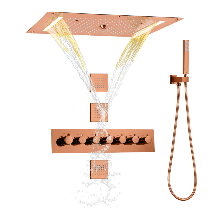 Rose Gold LED multifunción ducha baño techo lluvia cascada sistema de ducha termostático