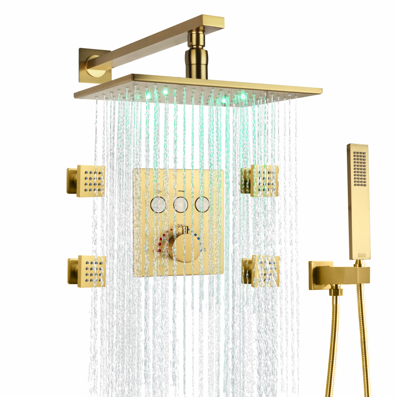Juego de ducha termostática LED de 3 colores Grifo de ducha de baño de Oro pulido con ducha de masaje con chorros corporales