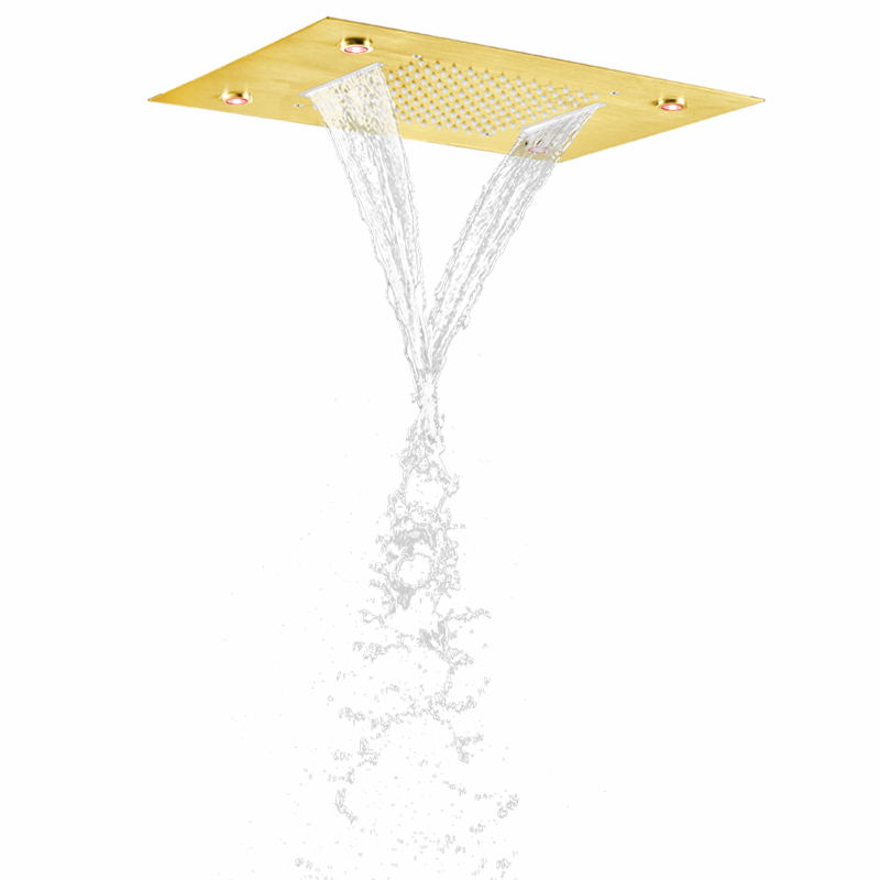 Grifo de ducha de Oro pulido, LED de 50x36 CM, cambio de temperatura de 3 colores, lluvia de cascada bifuncional para baño