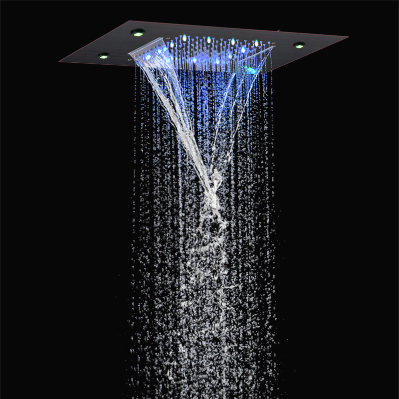 Cabezal de ducha de bronce frotado con aceite, LED de 50x36 CM, lluvia de cascada bifuncional para baño con cambio de temperatura de 3 colores