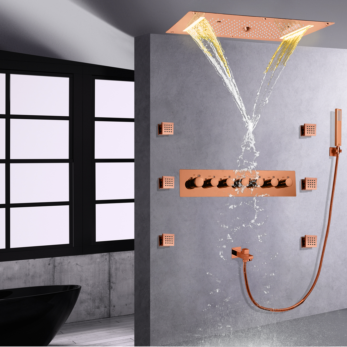 Sistema de ducha LED de oro rosa con pulverizadores de mano, Panel de grifo de ducha termostático, cabezal de ducha de lluvia, Spa de mano