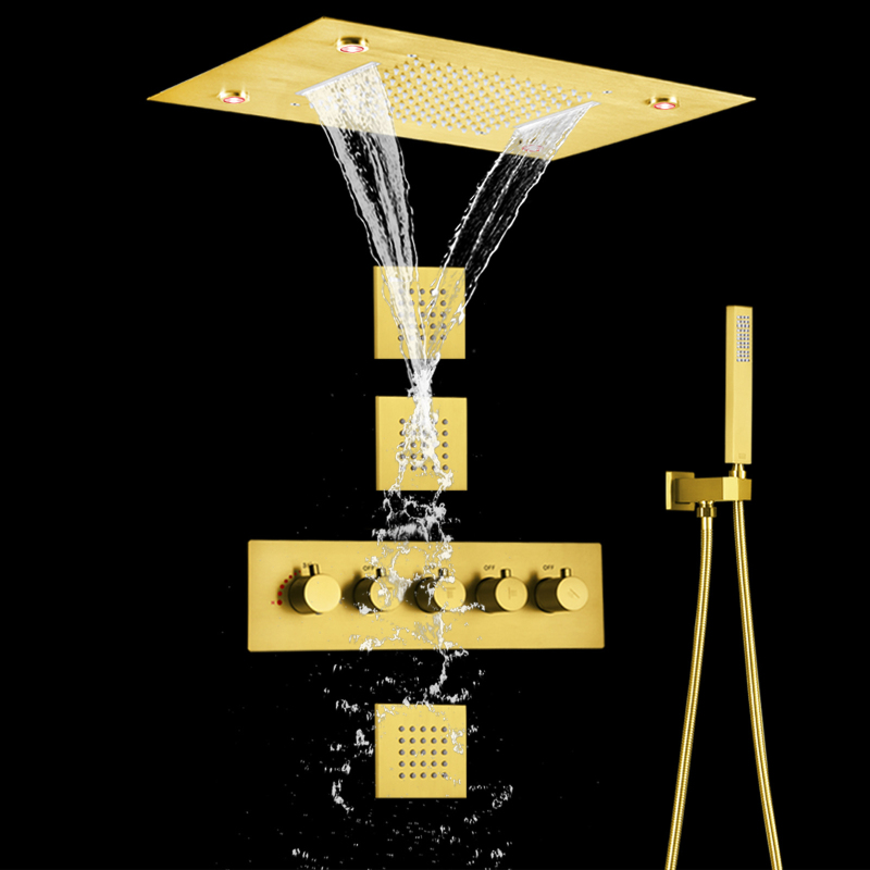 Juego de ducha termostática de oro cepillado, ducha de cascada de baño moderna LED de 14 x 20 pulgadas