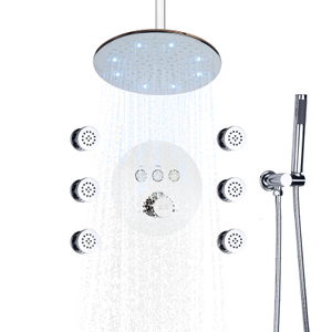Sistema de ducha termostática de lluvia pulida cromada, juego de grifo de ducha de baño con LED de 10 pulgadas, masaje corporal, chorro