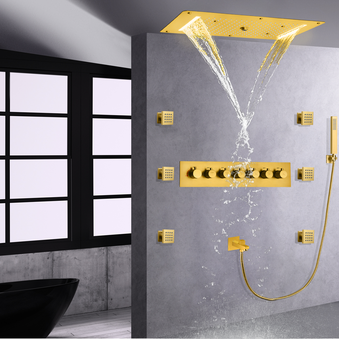 Oro pulido LED termostático baño oro lujoso juego de ducha mezclador lluvia mano