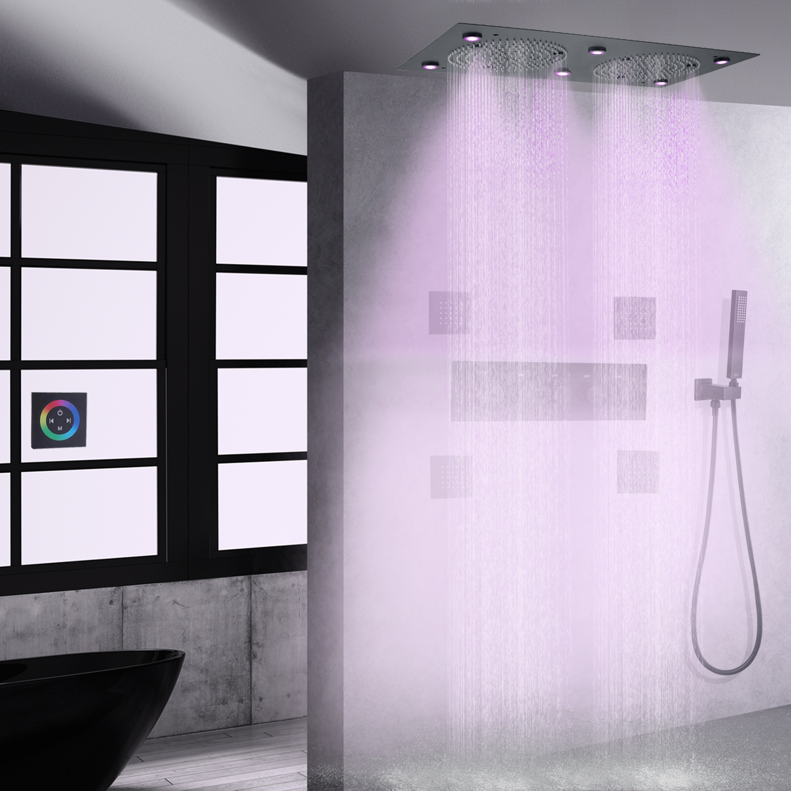 Grifo de ducha LED negro mate, lluvia termostática para baño, brazo de ducha de mano, ducha SPA