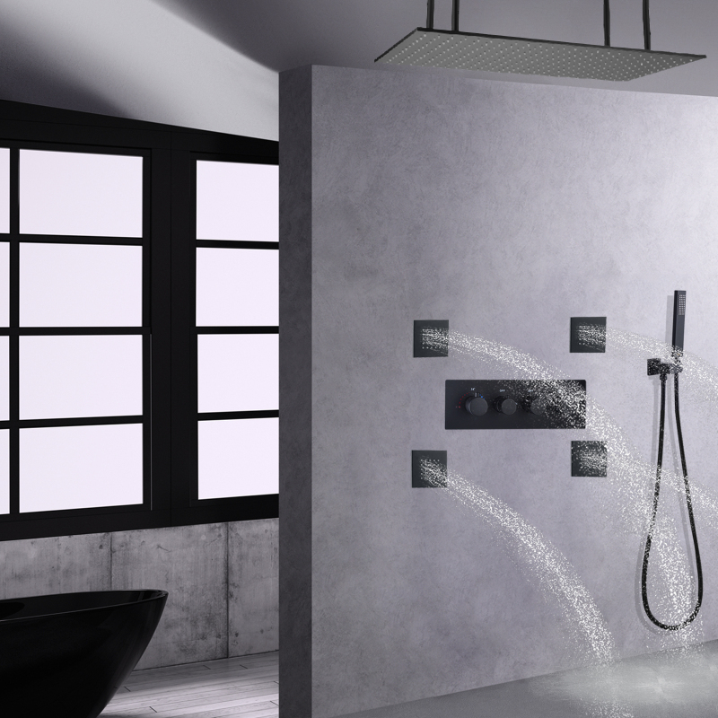 Juego de grifos de ducha termostáticos, color negro mate, 100x50 CM, con 3 colores que cambian de temperatura, soporte para cabezal de ducha ajustable para baño
