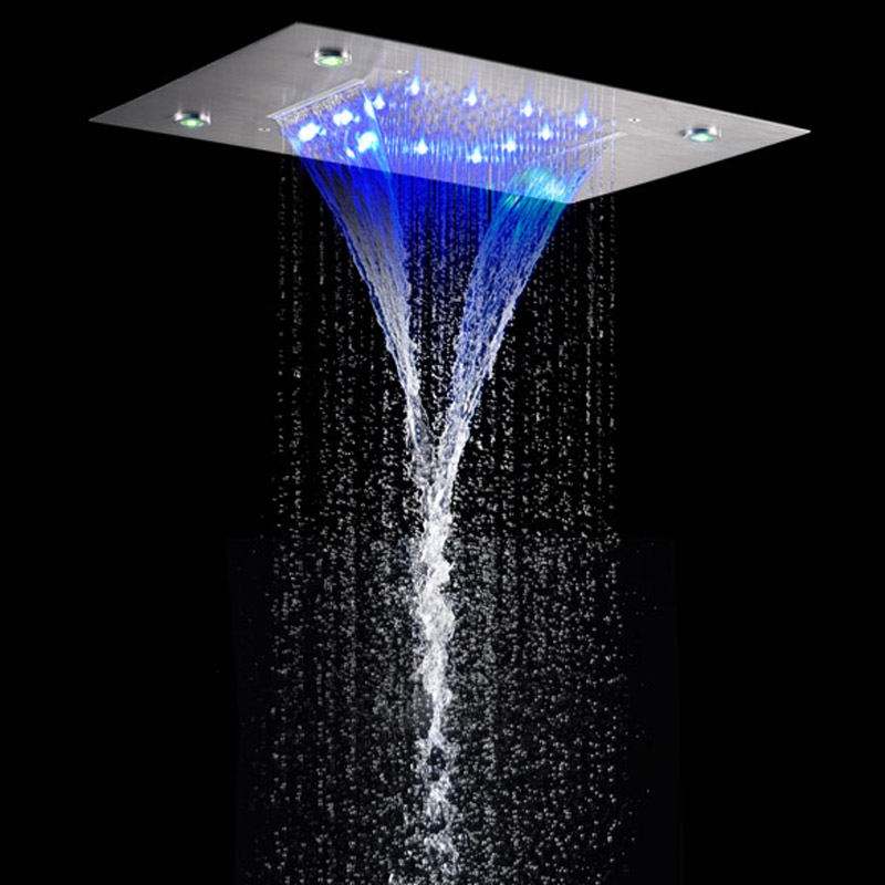 Grifos de ducha de níquel cepillado 50X36 CM LED Baño Lluvia de cascada bifuncional con cambio de temperatura de 3 colores