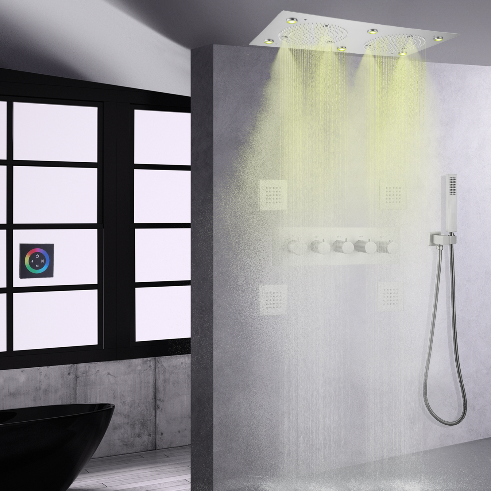 Conjunto de sistema de ducha LED de níquel cepillado moderno, niebla de lluvia termostática montada en la pared para baño