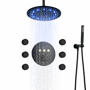 Juego de cabezal de ducha redondo de lluvia negro mate, juego de baño de lluvia termostático LED de 10 pulgadas con pulverizadores de mano