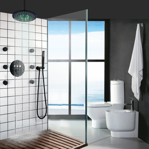 Grifo de ducha termostático negro mate moderno, juego de ducha de lluvia, baño LED de 25x25 CM con cabezal de ducha de hidromasaje