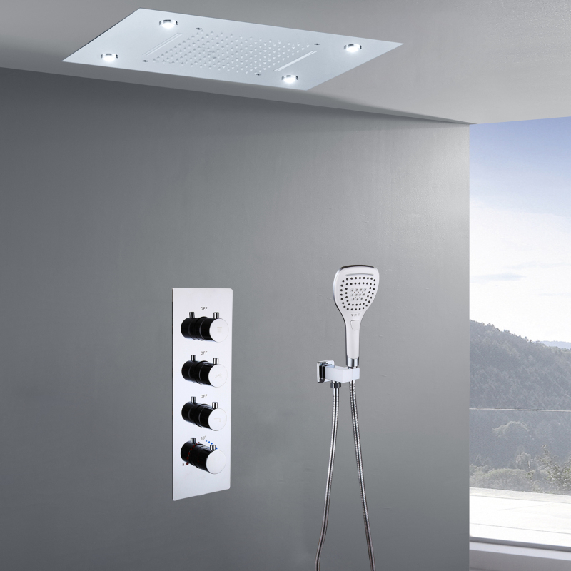 Juego de ducha cromado pulido techo 50*36cm lluvia y cascada cabezal de ducha LED latón termostático Ti-PVD Baño