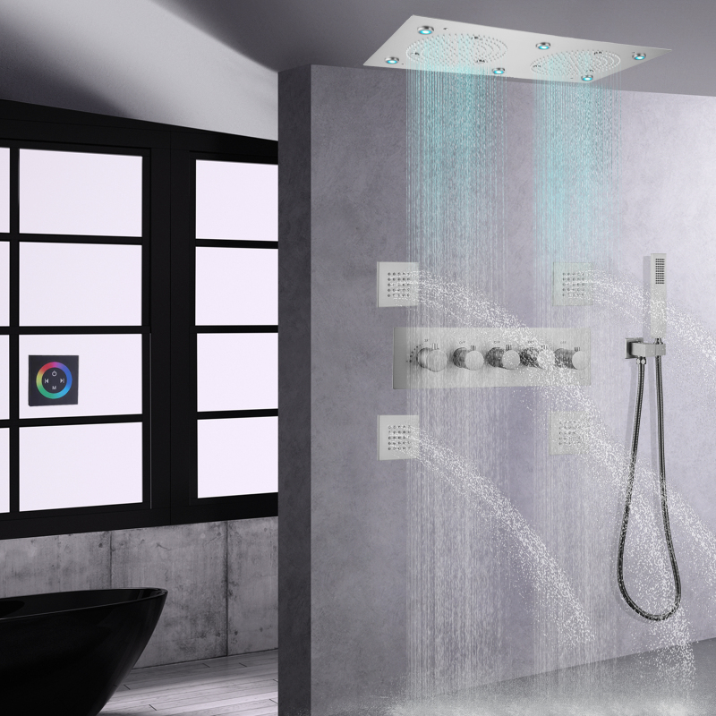 Juego de grifo de ducha termostático de níquel cepillado, conjunto combinado de duchas de masaje integradas en el techo del baño LED de 24x12 pulgadas