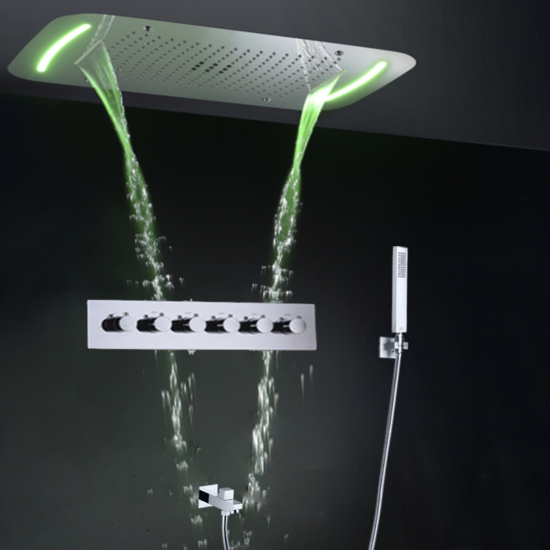 Cabezal de ducha de lluvia en cascada multifunción termostático Rectangular, luz de LED de techo empotrada, grifo de ducha de baño