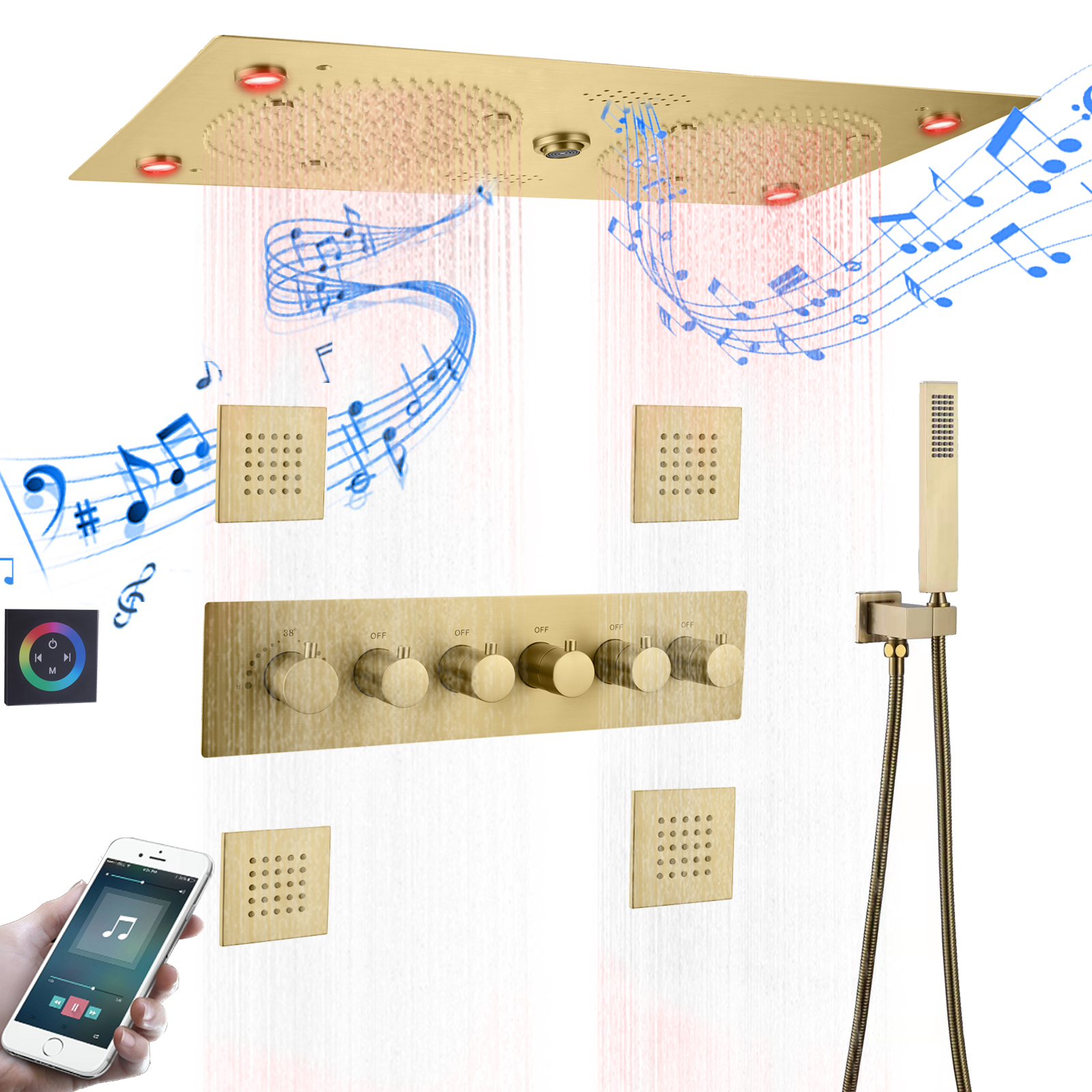 Juego de ducha musical, columna de ducha de Oro pulido, niebla de lluvia, grifo de ducha LED multifunción, válvula mezcladora termostática