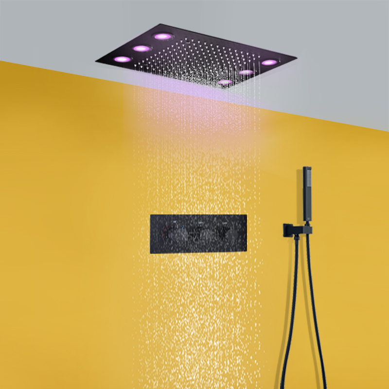 Negro mate 360x500 MM LED techo ducha de lluvia cabezal de ducha empotrado termostático dos funciones juego de mezclador de ducha