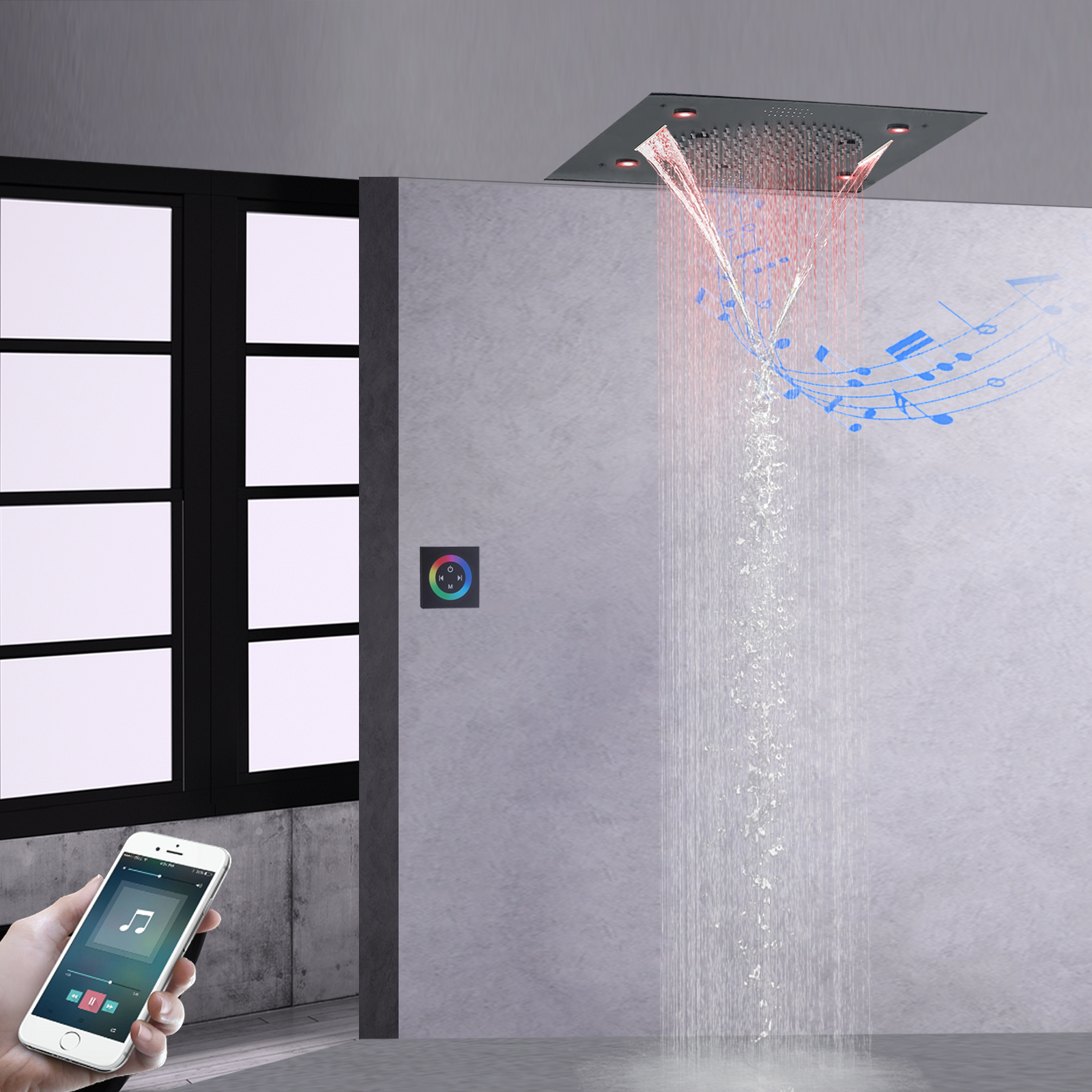 Música inteligente cabezal de ducha multifunción lluvia niebla cascada cortina de agua Control remoto LED ducha de baño