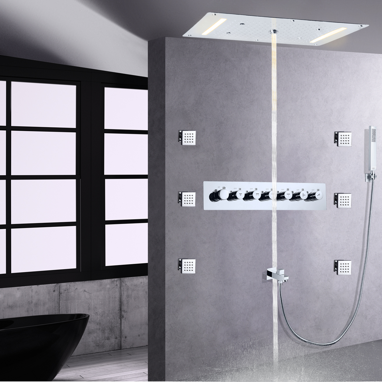 Cromo pulido temperatura ducha grifo conjunto LED baño Hydro Jet Mist lluvia latón mano