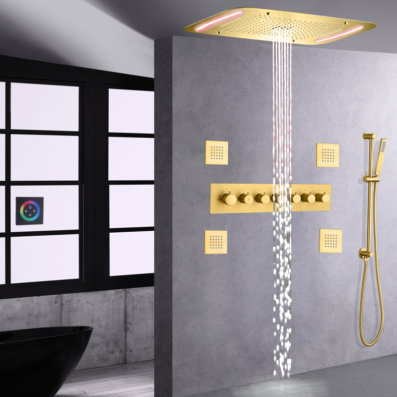 Cabezal de ducha termostático de Oro pulido de lujo, juego de ducha de lluvia en cascada multifunción LED de 710x430 MM para baño