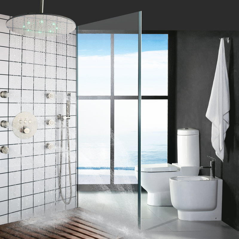 Grifos de ducha termostáticos de níquel cepillado, juego de ducha de masaje para baño con cambio de temperatura de 3 colores LED de 20 pulgadas