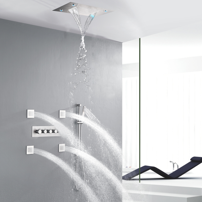 Juego de ducha termostática LED con chorros de masaje corporal para Spa de níquel cepillado, sistema de cabezal de ducha tipo lluvia y cascada de 14x20 pulgadas