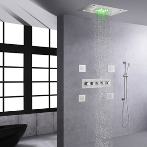Juego de grifo de ducha de lujo montado en la pared, sistema de ducha LED termostático, cabezal de ducha tipo cascada y lluvia de 14x20 pulgadas