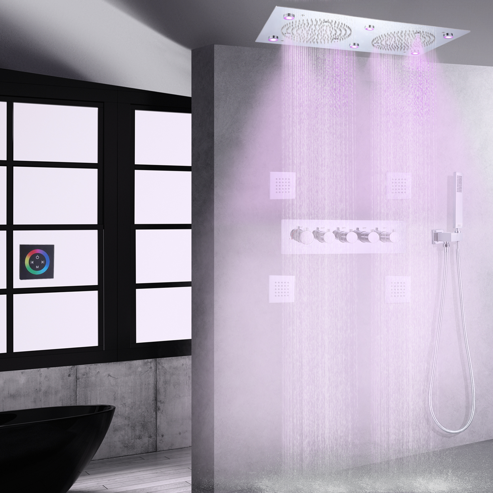 Sistema de ducha multifunción termostático para baño, juego de grifo de ducha LED cromado pulido