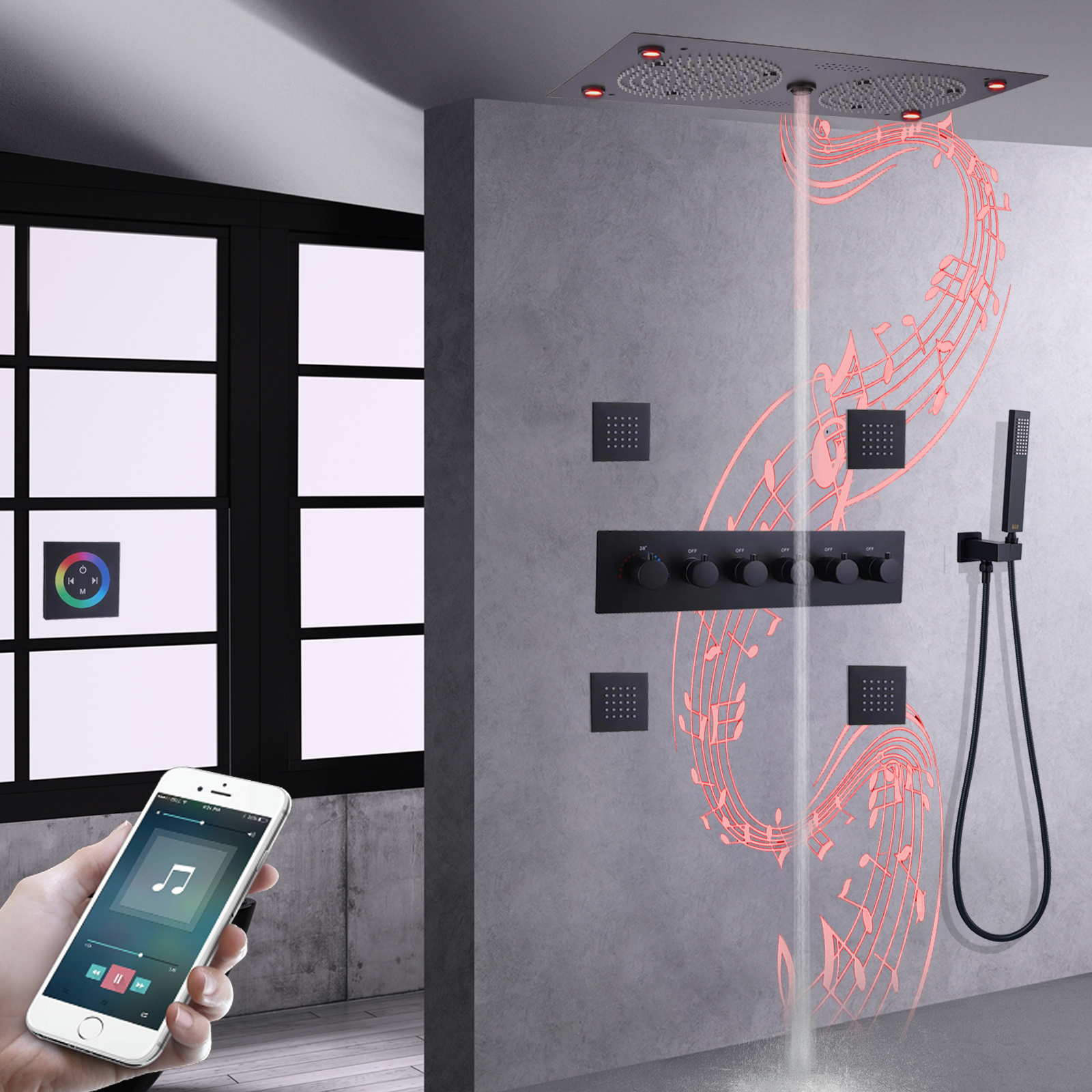 Mezclador de ducha negro mate LED baño termostático montaje en pared características musicales Sistema de ducha conjunto de mano de latón