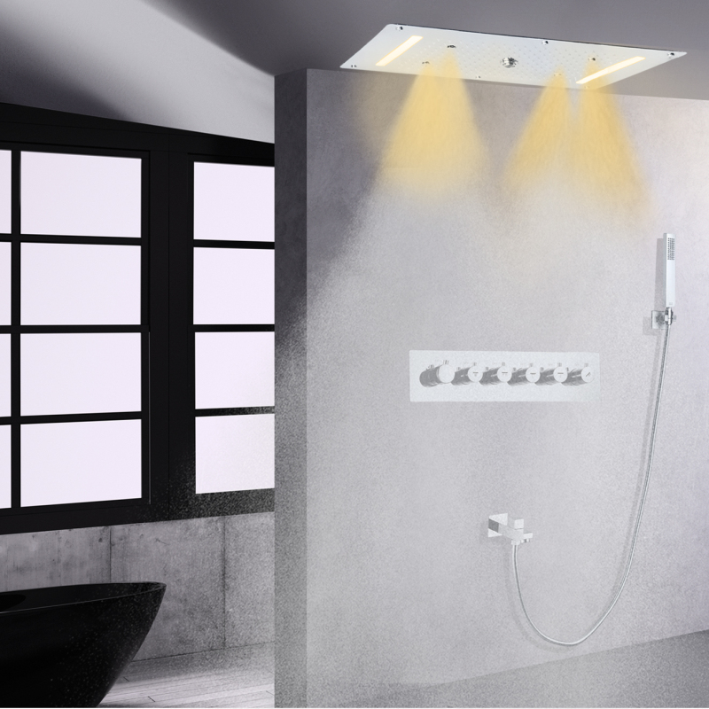 Juego de grifería de ducha termostática pulida cromada moderna, grifo de lluvia con rociador de cascada LED de 70x38 CM con sujeción manual