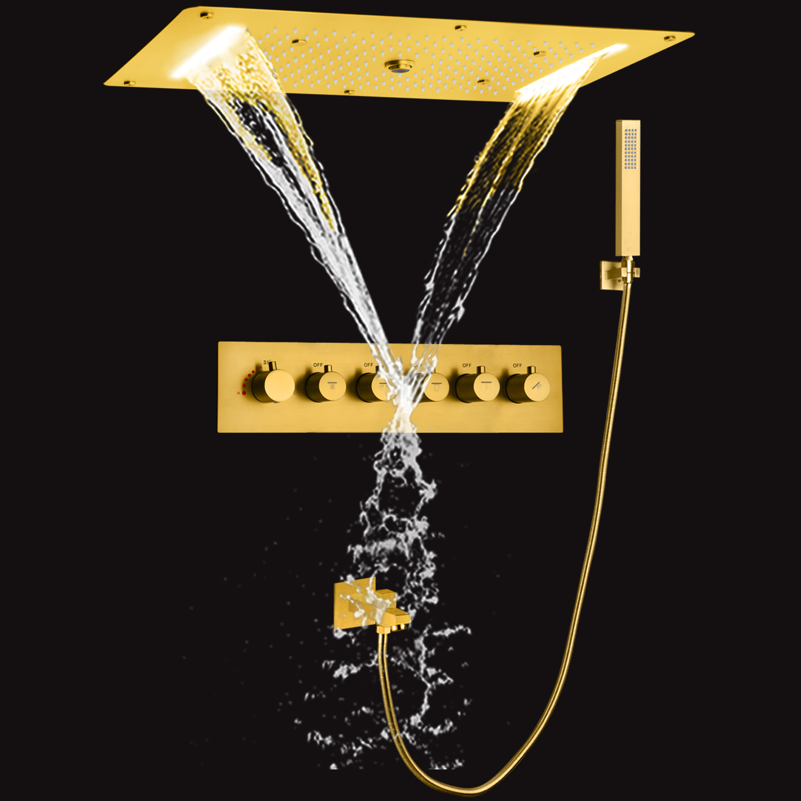 Sistema de ducha termostática de Oro pulido de lujo, juego de ducha oculta para baño LED de 700x380mm con Spa