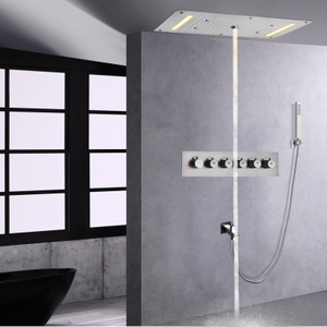Juego de ducha de 700 x 380 mm, cascada de techo, LED, níquel cepillado, lluvia termostática