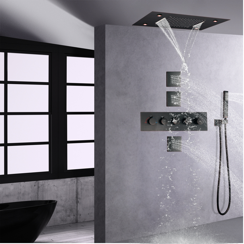 Juego de ducha termostática de bronce frotado con aceite, lluvia, 14x20 pulgadas, grifos de baño y ducha, cascada de ducha de lujo