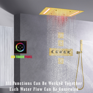 Cabezal de ducha de lluvia de oro cepillado con rociadores de mano termostático juego de grifo de ducha LED montado en el techo de 14 x 20 pulgadas