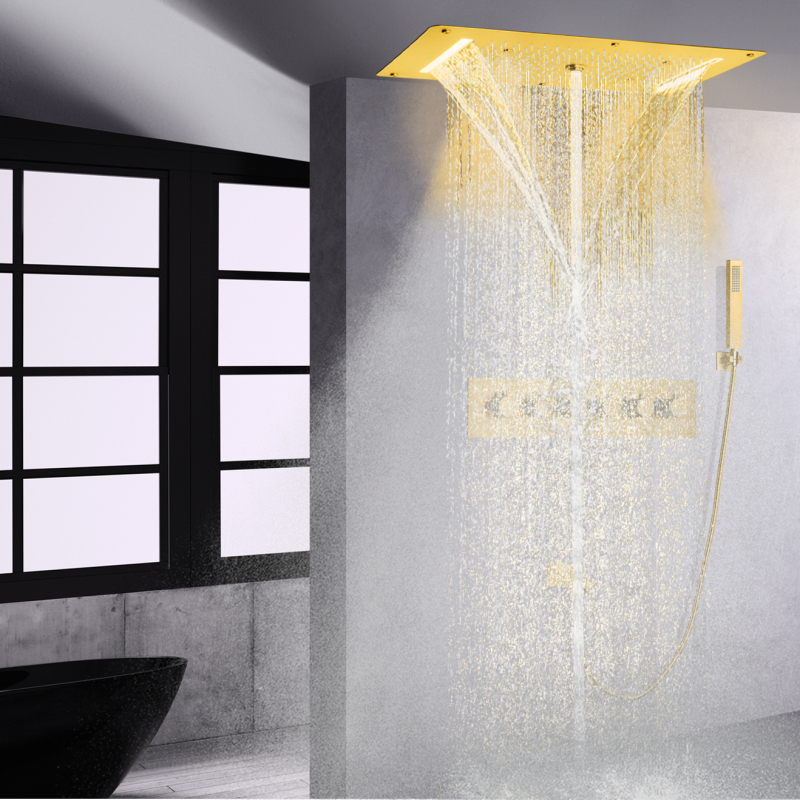 Sistema de ducha termostático de Oro pulido, cabezal de ducha LED para baño, Panel de cascada de lluvia, masaje con mano