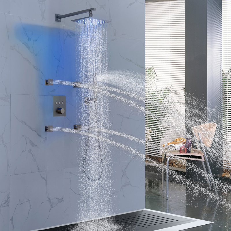 Sistema de ducha de lluvia de níquel cepillado, juego de grifería para baño, cabezal de ducha de lluvia LED de lujo de 8X12 pulgadas con pulverizador de mano